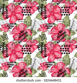 Tropical seamless pattern with hibiscus flowers, design elements. Exotic pattern for invitations, cards, print, gift wrap, manufacturing, textile, fabric, wallpapers