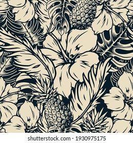 Tropical seamless pattern with hibiscus flowers pineapples palm and monstera leaves in vintage monochrome style vector illustration