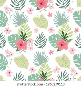 Tropical seamless pattern with hibiscus, flowers and leaves, summer design