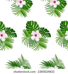 patrón tropical sin costuras de flores de hibisco y ramas de palmera sobre fondo blanco