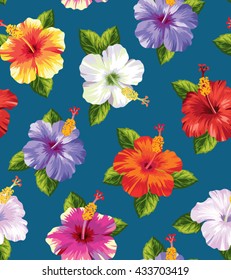Tropical seamless pattern with hibiscus flowers. Vector illustration.