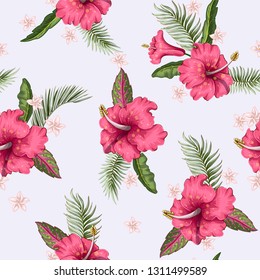 Tropical seamless pattern with hibiscus and leaves. Vector illustration.
