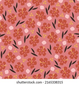 Tropical seamless pattern with hibiscus, leaves, dots on warm pink background. Perfect for greetings card, wallpaper, wrapping paper, fabric. Vector summer illustration
