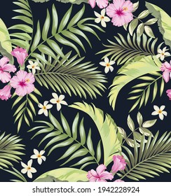 Tropical seamless pattern with hibiscus and palm leves, Summer background. jungle print.