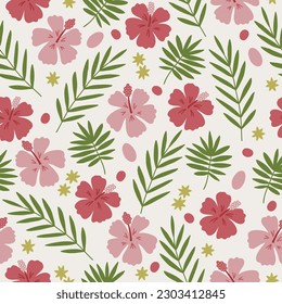 Tropical seamless pattern with hibiscus and palm leaves on white background. Perfect for wallpaper, gift paper, summer greeting cards. Vector illustration