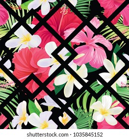 Tropical seamless pattern with hibiscus and plumeria flower with leaf on black background. Vector set of exotic tropical garden for holiday invitations, greeting card and fashion design.