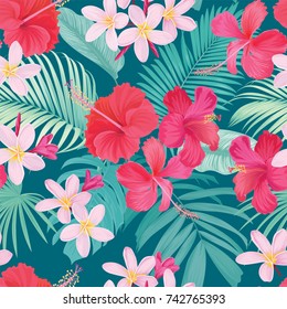 Tropical seamless pattern with hibiscus and plumeria flower with leaf on green background. Vector set of exotic tropical garden for wedding invitations, greeting card and fashion design. 