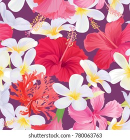 Tropical seamless pattern with hibiscus and plumeria flower on purple background. Vector set of exotic tropical garden for wedding invitations, greeting card and fashion design.