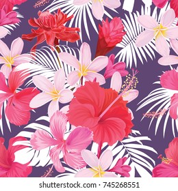 Tropical seamless pattern with hibiscus syriacus and plumeria flower with leaf on purple background. Vector set of exotic tropical garden for wedding invitations, greeting card and fashion design.