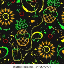 Tropical seamless pattern with icons of pineapple, cherry, cocktail glass on black background. Wavy paint brush strokes, splattered paint of glowing neon bright colors. Outline, contour illustrations.