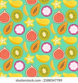 Tropical seamless pattern illustration of fresh fruits on a blue background
