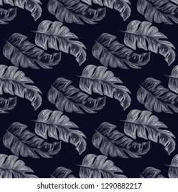 Tropical seamless pattern with indigo banana leaves on blue background. Floral background with exotic leaves.
