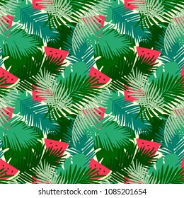  Tropical  seamless pattern with jungle leaves and watermelon fruit floral background.  
Watermelon slice pattern with palm leaf.
