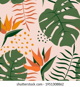 Tropical seamless pattern with jungle plants, monstera, palm leaves, bird of paradise flowers. Summer rainforest vector background.