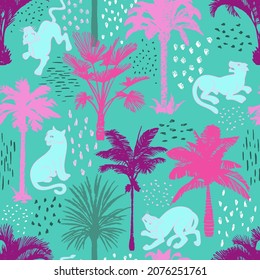 Tropical seamless pattern. Jungle predator among exotic palm trees. Silhouettes of cheetah, leopard, panther, wild cat. Jungle animal background. Trendy flat design for textile and fabric.