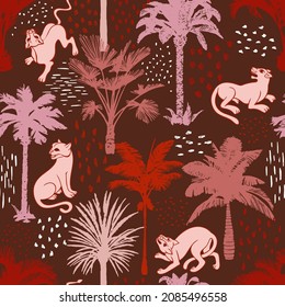 Tropical seamless pattern. Jungle predator among exotic palm trees. Silhouettes of cheetah, leopard, panther, wild cat. Jungle animal background. Trendy flat design for textile and fabric.