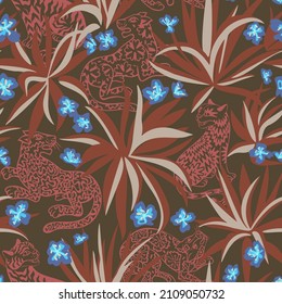 Tropical seamless pattern. Jungle predator with exotic tropical leaves and plants. Silhouettes of cheetah, leopard, panther, wild cat. Jungle animal background. Exotic design for textile and fabric.