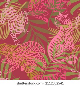Tropical seamless pattern. Jungle predator with exotic palm leaves. Silhouettes of cheetah, leopard, panther, wild cat. Jungle animal background. Exotic design for textile and fabric.