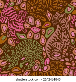 Tropical seamless pattern. Jungle predator with abstract geometric dotted texture. Silhouettes of cheetah, leopard, panther, wild cat. Jungle animal background.