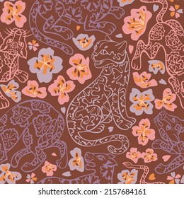Tropical seamless pattern. Jungle predator among flower buds. Silhouettes of cheetah, leopard, panther, wild cat. Jungle animal floral background. Trendy flat design for textile and fabric.