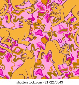Tropical seamless pattern. Jungle predator overlay on wavy twisted stripes and lines abstract texture. Silhouettes of cheetah, leopard, panther, wild cat. Jungle animal background.