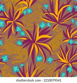 Tropical seamless pattern. Jungle predator with exotic tropical leaves and plants. Silhouettes of cheetah, leopard, panther, wild cat. Jungle animal background. Exotic design for textile and fabric.