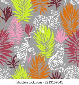 Tropical seamless pattern. Jungle predator with exotic palm leaves. Silhouettes of cheetah, leopard, panther, wild cat. Jungle animal background. Exotic design for textile and fabric.