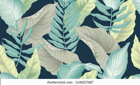 Tropical seamless pattern,  King of Heart leaf, yellow palm and dumbcane leaves on dark blue background, pastel vintage style