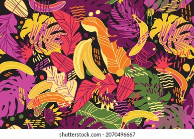 patrón tropical sin costura con hojas y plátanos, diseño vectorial para papel, tela y otras superficies