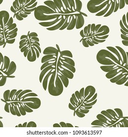 Tropical seamless pattern with leaves. Beautiful tropical isolated leaves. Fashionable summer background with leaves for fabric, wallpaper, paper, covers.