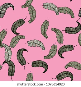 Tropical seamless pattern with leaves. Beautiful tropical isolated leaves. Fashionable summer background with leaves for fabric, wallpaper, paper, covers.