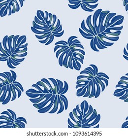 Tropical seamless pattern with leaves. Beautiful tropical isolated leaves. Fashionable summer background with leaves for fabric, wallpaper, paper, covers.