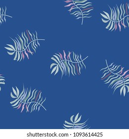 Tropical seamless pattern with leaves. Beautiful tropical isolated leaves. Fashionable summer background with leaves for fabric, wallpaper, paper, covers.