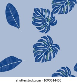 Tropical seamless pattern with leaves. Beautiful tropical isolated leaves. Fashionable summer background with leaves for fabric, wallpaper, paper, covers.