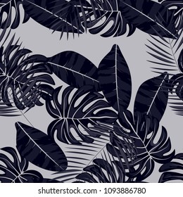 Tropical seamless pattern with leaves. Beautiful tropical isolated leaves. Fashionable summer background with leaves for fabric, wallpaper, paper, covers.