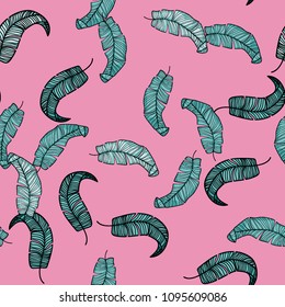 Tropical seamless pattern with leaves. Beautiful tropical isolated leaves. Fashionable summer background with leaves for fabric, wallpaper, paper, covers.
