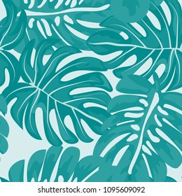 Tropical seamless pattern with leaves. Beautiful tropical isolated leaves. Fashionable summer background with leaves for fabric, wallpaper, paper, covers.