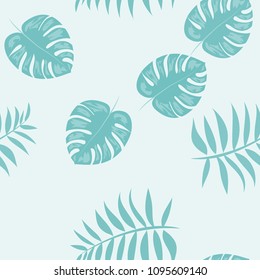 Tropical seamless pattern with leaves. Beautiful tropical isolated leaves. Fashionable summer background with leaves for fabric, wallpaper, paper, covers.