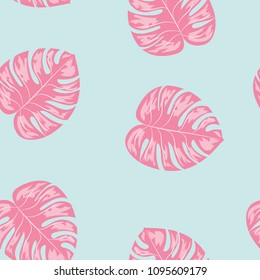 Tropical seamless pattern with leaves. Beautiful tropical isolated leaves. Fashionable summer background with leaves for fabric, wallpaper, paper, covers.