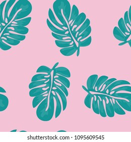Tropical seamless pattern with leaves. Beautiful tropical isolated leaves. Fashionable summer background with leaves for fabric, wallpaper, paper, covers.