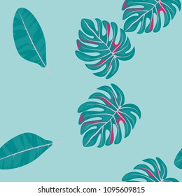Tropical seamless pattern with leaves. Beautiful tropical isolated leaves. Fashionable summer background with leaves for fabric, wallpaper, paper, covers.