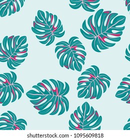 Tropical seamless pattern with leaves. Beautiful tropical isolated leaves. Fashionable summer background with leaves for fabric, wallpaper, paper, covers.