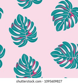 Tropical seamless pattern with leaves. Beautiful tropical isolated leaves. Fashionable summer background with leaves for fabric, wallpaper, paper, covers.