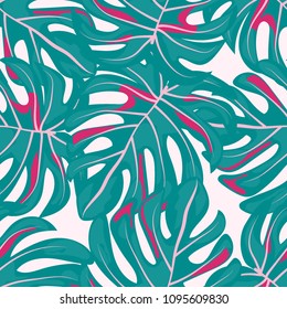 Tropical seamless pattern with leaves. Beautiful tropical isolated leaves. Fashionable summer background with leaves for fabric, wallpaper, paper, covers.