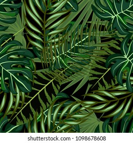 Tropical seamless pattern with leaves. Beautiful tropical isolated leaves. Fashionable summer background with leaves for fabric, wallpaper, paper, covers.