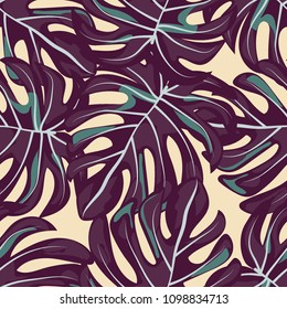 Tropical seamless pattern with leaves. Beautiful tropical isolated leaves. Fashionable summer background with leaves for fabric, wallpaper, paper, covers.