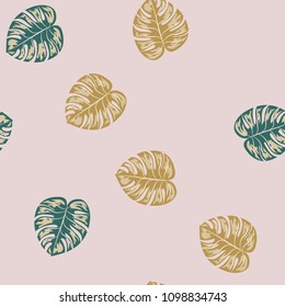 Tropical seamless pattern with leaves. Beautiful tropical isolated leaves. Fashionable summer background with leaves for fabric, wallpaper, paper, covers.
