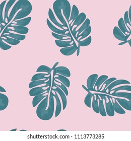 Tropical seamless pattern with leaves. Beautiful tropical isolated leaves. Fashionable summer background with leaves for fabric, wallpaper, paper, covers.
