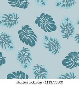 Tropical seamless pattern with leaves. Beautiful tropical isolated leaves. Fashionable summer background with leaves for fabric, wallpaper, paper, covers.