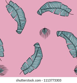 Tropical seamless pattern with leaves. Beautiful tropical isolated leaves. Fashionable summer background with leaves for fabric, wallpaper, paper, covers.